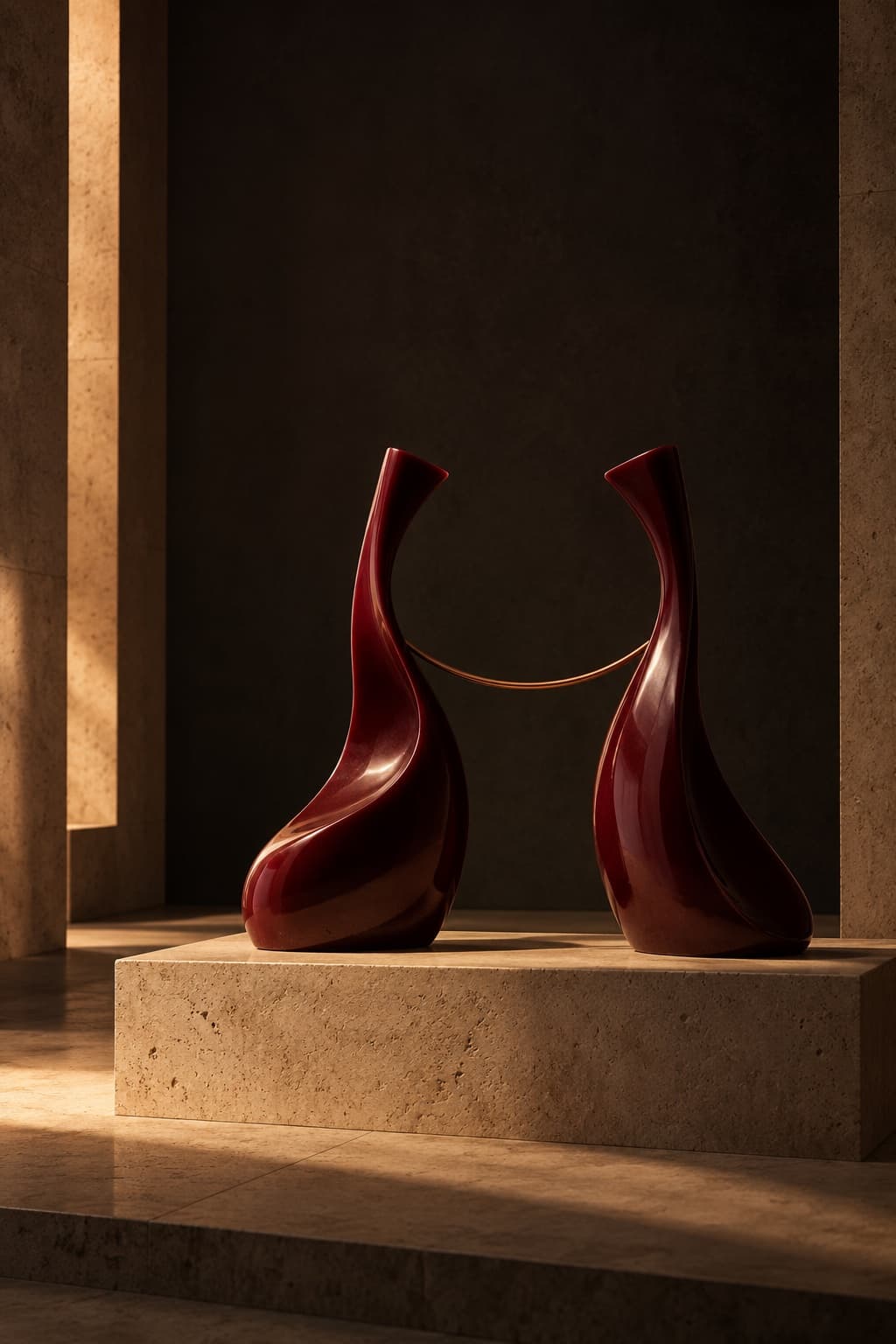 Two sculptural burgundy forms facing one another across a warm stone plinth